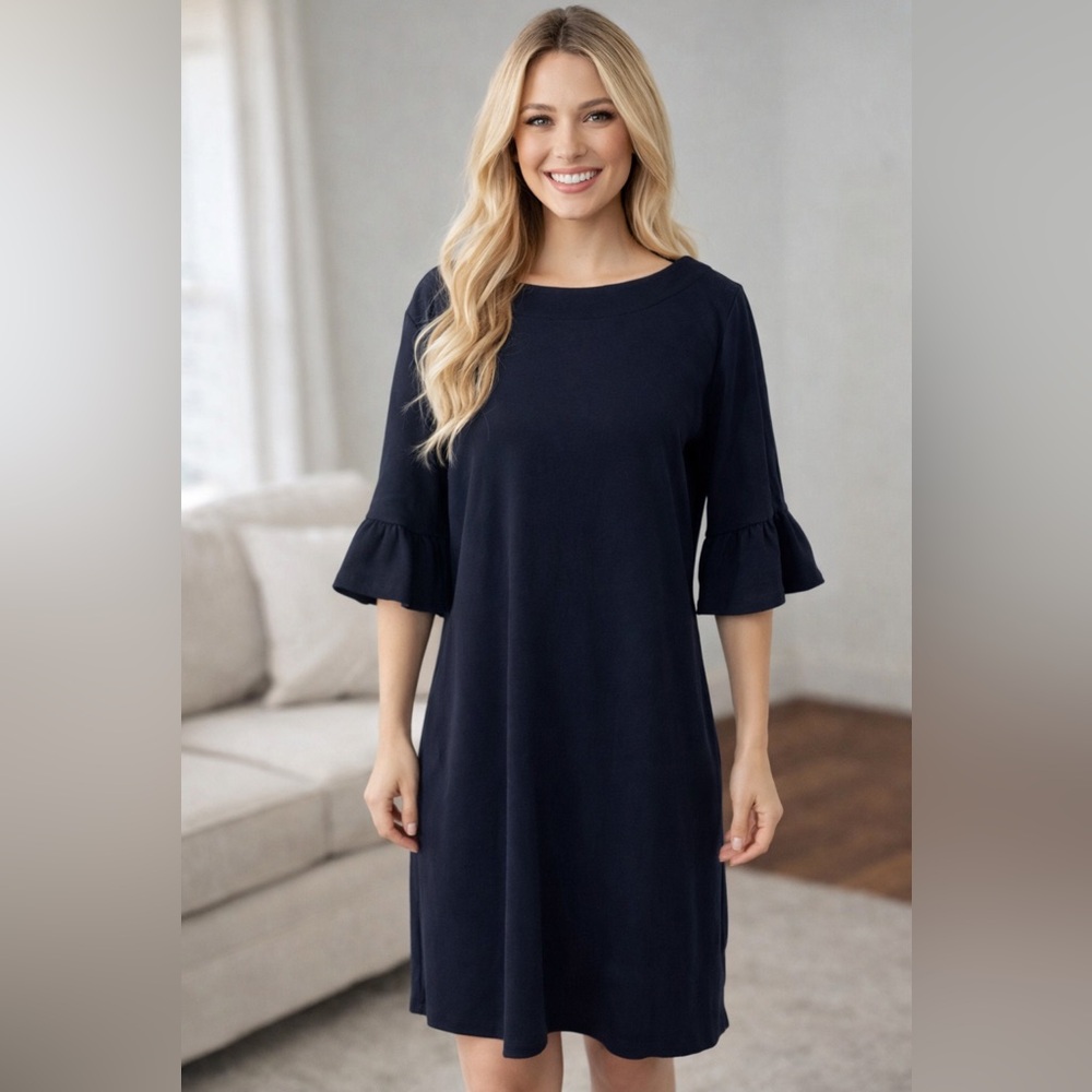 Talbots Midnight Blue three-quarter length ruffle sleeve dress